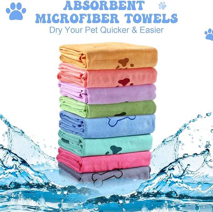 8 Pcs Dog Towels Pet Bath Drying Towels 55 x 28 Inches Large Absorbent Microfiber Quick Fast Drying Soft Beach for Lightweight Cat and Puppy Shower Essentials Cleaning Accessories(Multicolor)