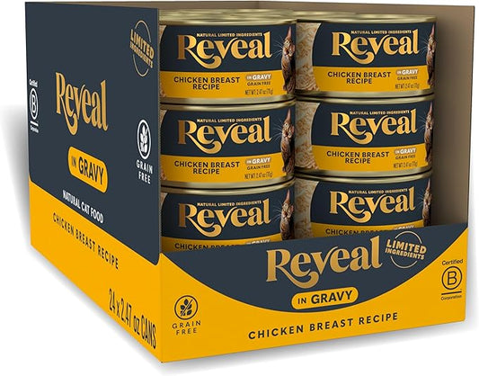 Reveal Natural Wet Cat Food, 24 Count, Grain Free, Limited Ingredient Canned Food for Cats, Chicken Breast in Gravy, 2.47 oz Cans