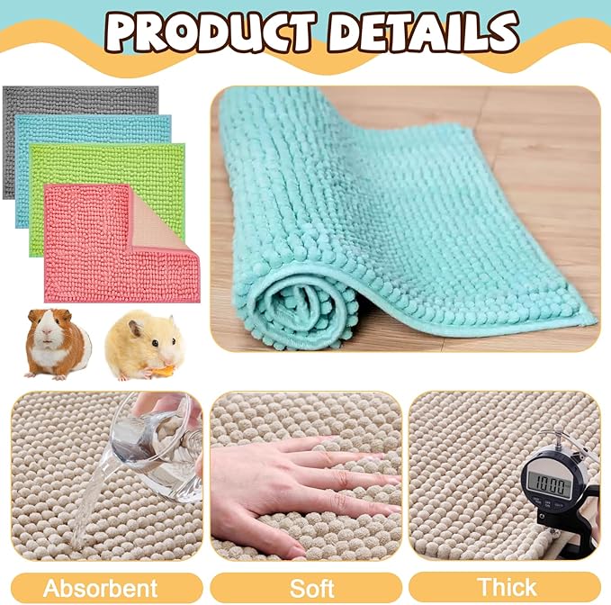 8 Pcs Guinea Pig Liner Washable Rabbit Cage Liner 16x12 Inch Guinea Pig Fleece Mats Reusable Bedding Pee Pads for Small Animals, Bunny (Gray, Green, Pink, Blue)