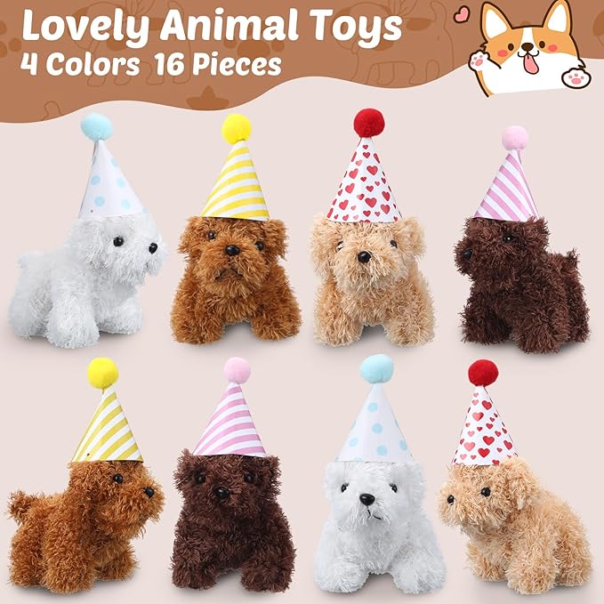 20 Pcs Mini Plush Dog Bulk 4 Inch Small Stuffed Puppy Set Include 20 Adopt a Pet Kraft Paper Boxes and 20 Cute Cone Hats Soft Dog Animals for Kids Birthday Adopt a Puppy Favor Gifts