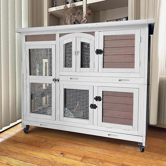 GUTINNEEN Rabbit Hutch Indoor Outdoor Bunny House Guinea Pig Cage on Wheel with Plastic Tray 47inch (Brown)