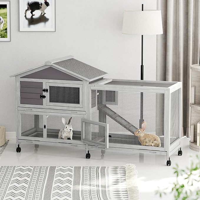 2-Tier Rabbit & Chicken House Mobile,Wooden Chicken Coop & Bunny Cage with Non-Slip Ramp, 4 Doors,Waterproof Roof & Pull-Out Tray,Outdoor/Indoor Pet Cage Movable