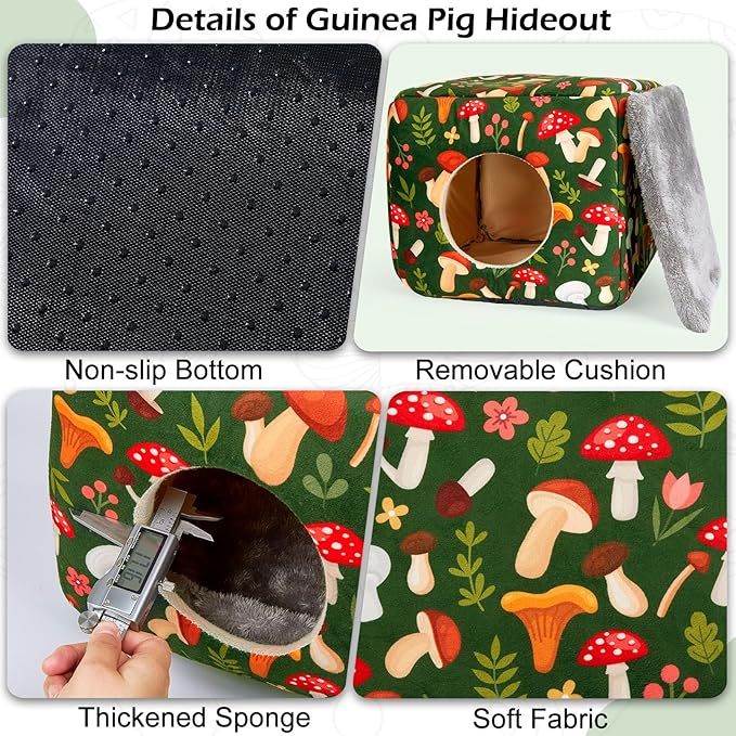 Bienbee Guinea Pig Hideout, Washable Guinea Pigs House Cozy Guinea Pigs Bed for Small Pet Bunny/Rabbit/Hamster/Chinchilla Guinea Pig Accessories Green Mushroom