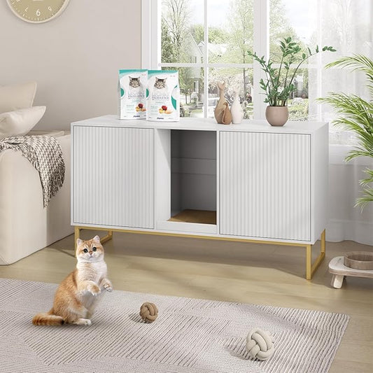 Litter Box Enclosure for 2 Cats, Fluted Hidden Cat Litter Box Furniture with Scratch Pad and Metal Legs, Modern Double Room Kitty House for Living Room, Washroom, 47.2”L x 17.7”W x 25.9”H, White