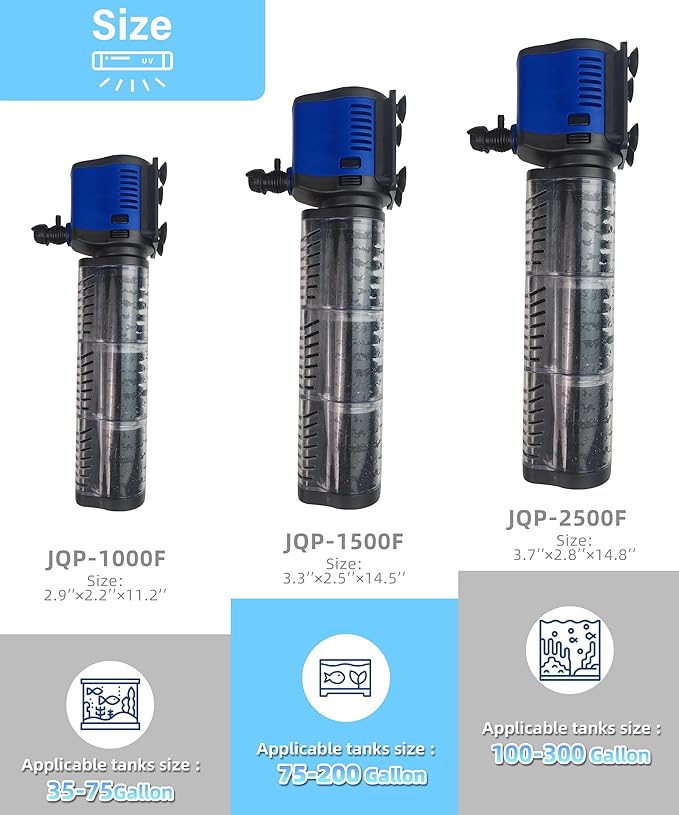 COOSPIDER Aquarium Filter Pond Filter for 35-75 Gallon, 260GPH Powerful Filtration Pond Pump, Submersible Canister Filters for Fish Turtle Tank, Cold Plunge, Clear Wavemaker Oxygen Supply