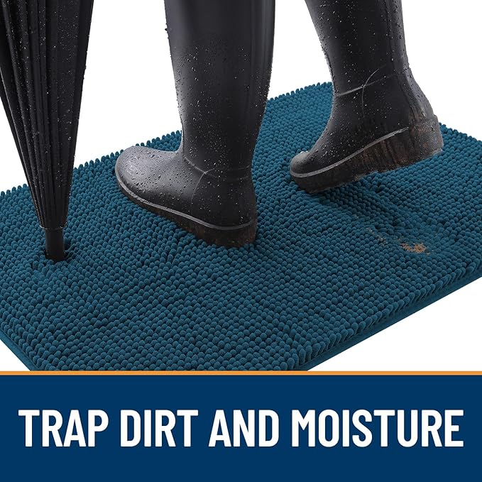 OLANLY Dog Door Mat for Muddy Paws 40x24, Absorbs Moisture and Dirt, Absorbent Non-Slip Washable Doormat, Quick Dry Chenille Mud Mat, Entry Indoor Entryway Carpet for Inside Floor, Atlantic Blue