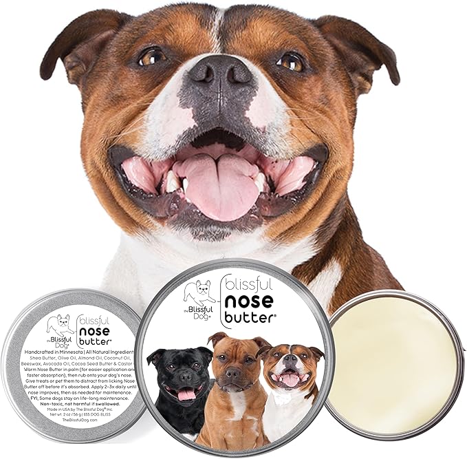 The Blissful Dog Staffordshire Bull Terrier Nose Butter for Dry, Cracked Skin, Lick-Safe Dog Nose Balm with Moisturizing Shea Butter, Almond, Olive, and Essential Oils, Pet Supplies, Uncented, 1 oz.
