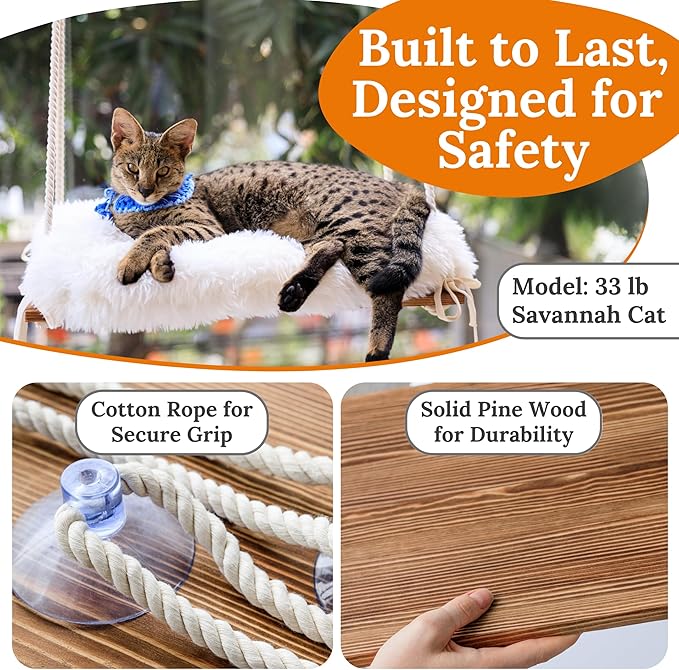 Cat Window Perch for Large Cats - Hammock Bed for Heavy Indoor Cats - Solid Wood Seat, 5 Strong Suction Cups, Soft Cushion - Rustic Shelf for Pets Inside