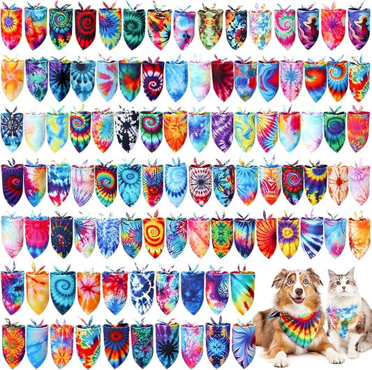 50 Pcs Tie Dye Dog Bandanas Bulk Pet Bibs Colorful Triangle Scarf Pet Bandanas for Medium Large Dogs Spring Summer Birthday Costume Decoration