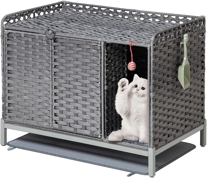 Cat Litter Box Enclosure Furniture with Divider, Handwoven Rattan Litter Box with Mat, 31.2 x 19.6 x 24.2 Inches, Metal Heightened Feet, Hidden Cat House for Living Room, Bedroom (Gray)