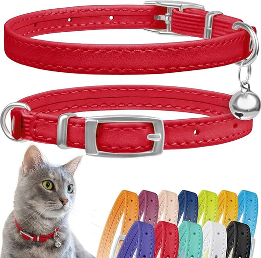 CollarDirect Leather Cat Collar, Cat Safety Collar with Elastic Strap, Kitten Collar with Bell Black Blue Red Orange Lime Green (6-7 Inch, Red)