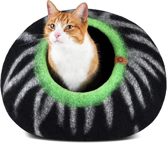 MEOWFIA Cat Cave – Premium Felt Cat Bed for Indoor Cats, Handmade 100% Merino Wool (Medium, Shining Tiger)
