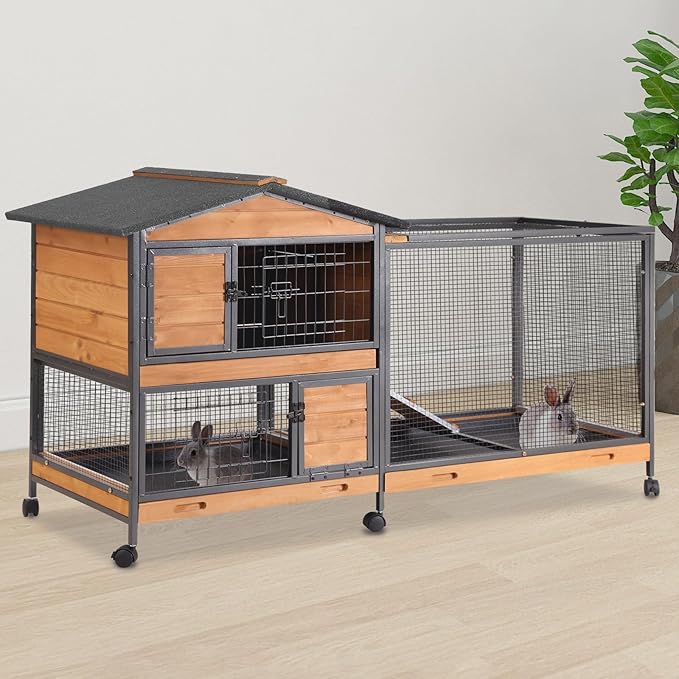 2-Story Rabbit Cage with Chew-Proof Metal Frame for Indoor/Outdoor - 62" Bunny Hutch Guinea Pig Cages with 6 Locking Wheels & 2 Removable Trays for Rabbits/Guinea Pigs