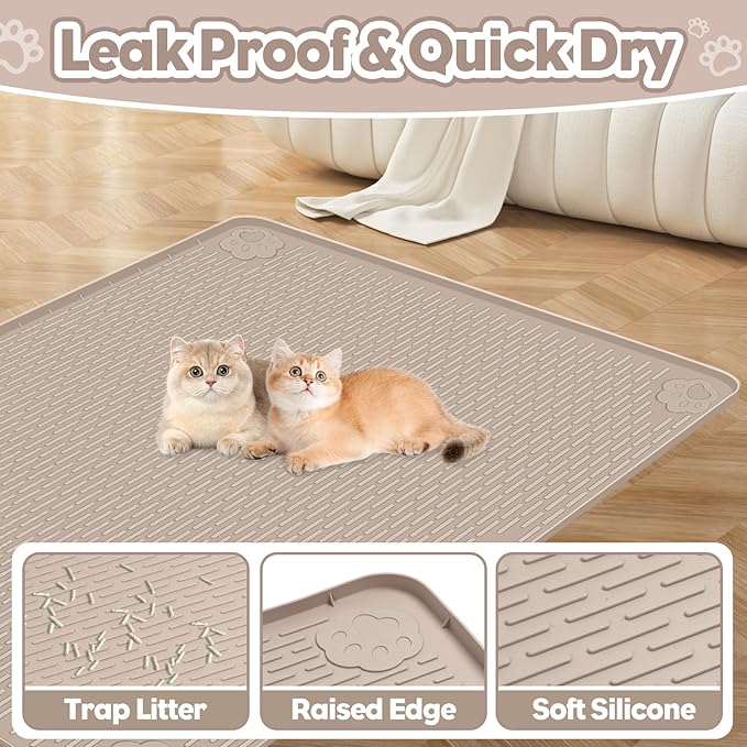Cat Litter Mat, Extra Large 40" x 28" Silicone Mat Litter Trapping Mat for Scatter Control, Soft on Kitty Paws, Easy to Clean (Khaki)