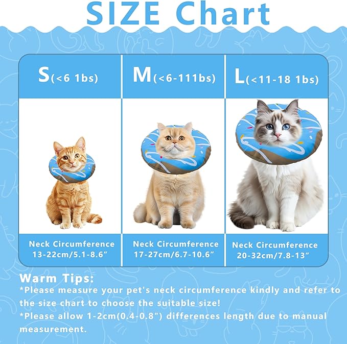 Cat Cone Collar Soft, Adjustable Cat Recovery Collars Kitten Cones to Stop Licking, Cute Donut E Collar After Surgery, Cats Neck Pillow Elizabethan Cones of Shame (Waterproof Blue, Small)