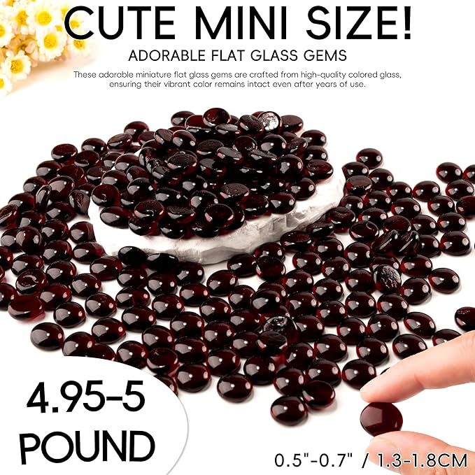 5 LB Dark Red Glass Marbles, Mini Flat Glass Beads for Vase Fillers, Floral Bottom Mancala Gems Pebbles Fish Tank Rocks for Table Aquarium,Home Decor Art Craft Supplies(0.5"~0.7")
