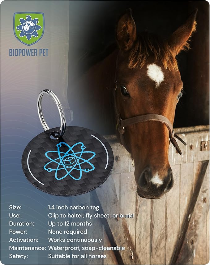 BioPower Natural Fly & Tick Repellent for Horses - Horse Shield and Stall Tags with 1-Year Bioresonance Protection – Chemical-Free, Waterproof Carbon Tag Clips to Halter – Holistic & Safe Pest Defense
