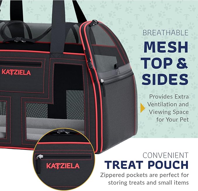 Airline Compliant Pet Carrier - Rolling Portable Travel Carry Crate for Small Dog Puppy or Cat - Soft Removable Wheeled Design with Mesh Window Sides - Airplane and TSA Compliant- by Katziela