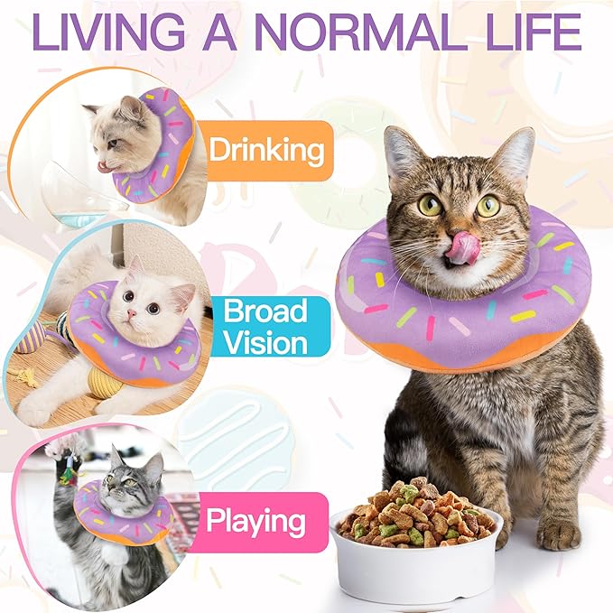 Cat Cone Collar Soft, Cute Cat Donut Collar After Surgery, Adjustable Kitten Recovery Cones to Stop Licking, Lightweight Neck Elizabethan Collars for Cats Kittens(Purple, Small)