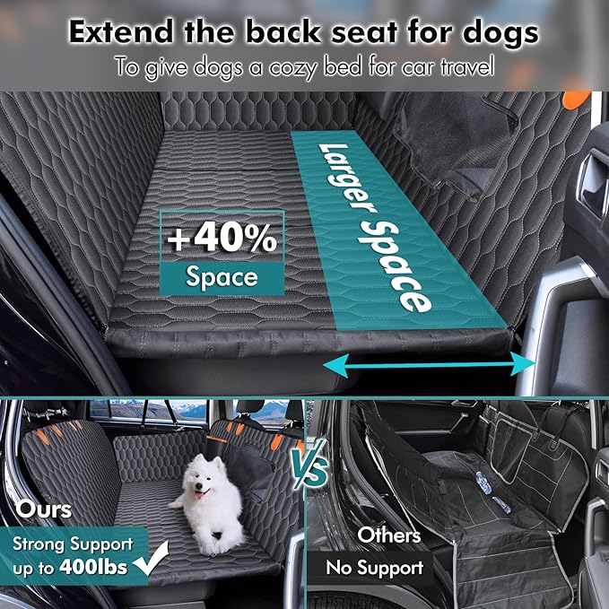 Back Seat Extender for Dogs-Supports 400lb,Waterproof Dog Car Seat Cover Hard Bottom-Detachable,600D Heavy Duty Scratch Proof Nonslip Soft,Dog Hammock for Car,SUVs
