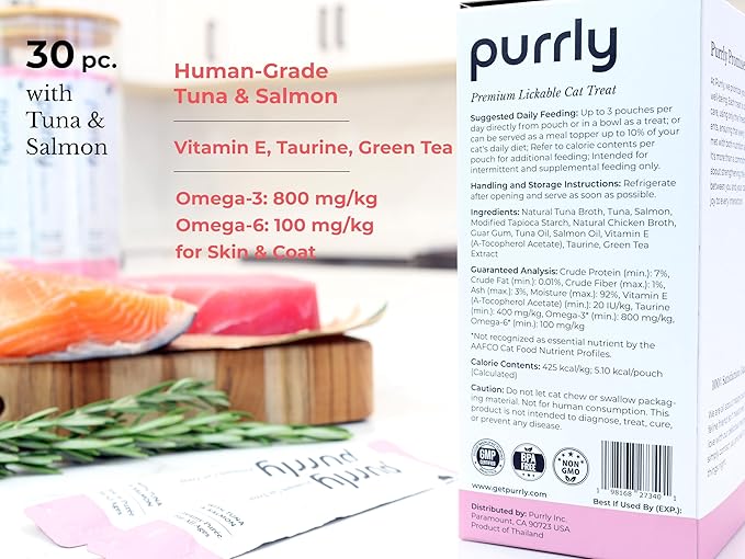 Purrly Healthy Premium Cat Treats Snack Topper Tuna Variety Bundle (90 Count) Lickable Wet Squeezable Hydrating Interactive Seafood Grain-Free Naturally Flavored Non-GMO No-Preservative