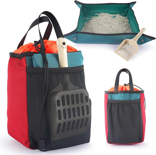 Travel Litter Box for Cats (3in1 Kit) – Foldable Litterbox + Litter Bag + Scooper (Portable Litter Box for Cat Traveling) Collapsible Litterbox for Car Travel with Cat, Camping, Plane