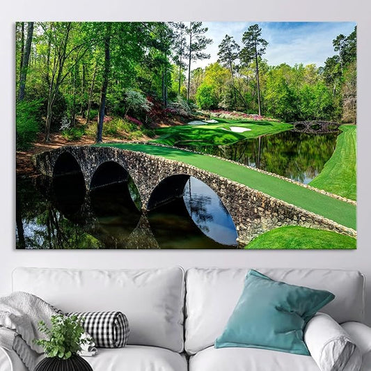 Nature Wall Art Prints - Ocean Forest Mountain Lake Canvas Landscapes - Small to Extra Large Living Room Bedroom Kitchen Bathroom Décor (Golf Course with Stone Bridge, 24L" x 36W")