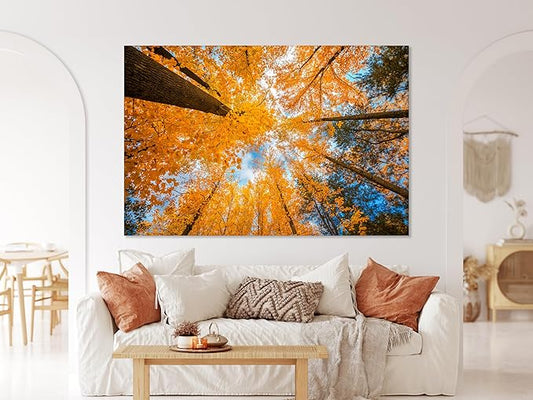 Nature Wall Art Prints - Ocean Forest Mountain Lake Canvas Landscapes - Small to Extra Large Living Room Bedroom Kitchen Bathroom Décor (Blue Sky Through Yellow Autumn Trees, 31L" x 47W")