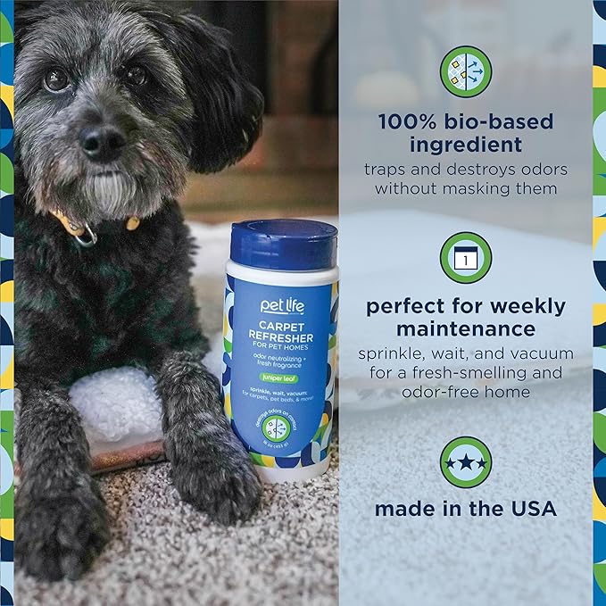 Pet Life Unlimited Carpet Refresher & Deodorizer Powder - Pet Safe, Plant-Based Juniper Leaf Scent, Made in USA - 16oz (Pack of 3)