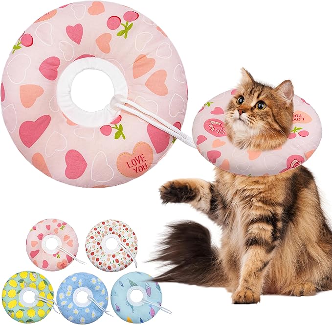 Cat Cone Soft Collar, Adjustable Cat Recovery Collar for Small Medium Large Cats, Cute Donut E Collar After Surgery, Anti-Lick Wound Healing Elizabethan Collar for Kittens (Pink Heart, Large)