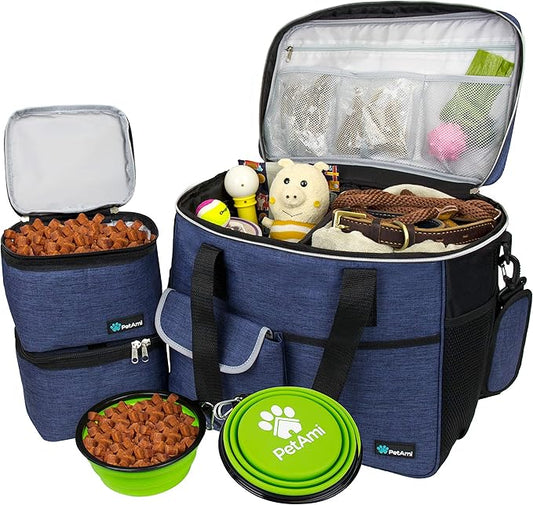 PetAmi Dog Travel Bag - Travel Pet Organizer with Food Container and Bowls, Perfect for Weekend Camping, Navy, Large