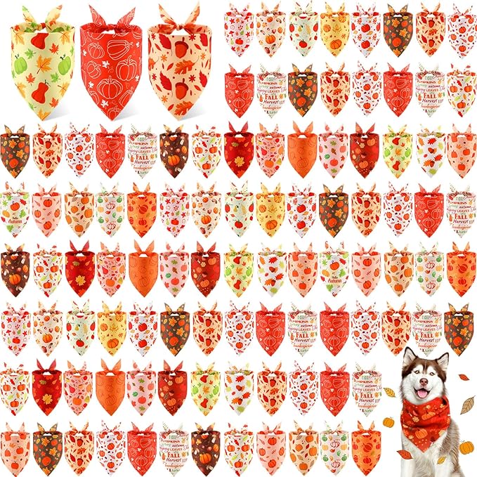 Chunful 100 Pieces Fall Dog Bandanas Bulk Autumn Pet Bandanas with Pumpkin Patterns Triangle Scarf Bib Kerchief Set for Small Large Dog Thanksgiving Costume Accessories (31.5 x 21.7 x 21.7)