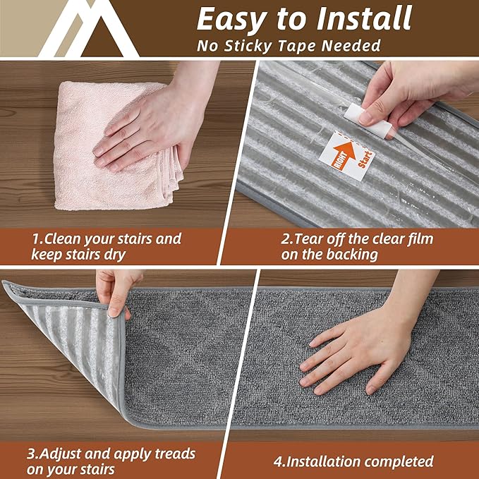 COSY HOMEER Stair Treads for Wooden Steps 9"x28" Washable Indoor Carpet Stair Treads Non Slip Soft Polyester Stair Carpet Tread Reusable Stair Runner Rugs for Kids, Elders,Pets,Medium Grey,4pcs