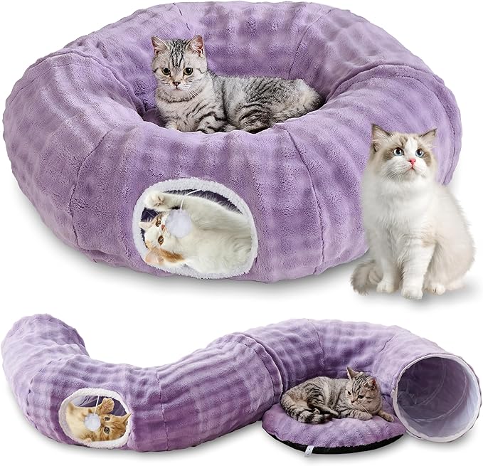 Bubble Cat Tunnel for Indoor Cats, Round Peekaboo Cave Toy with Dangling Balls, Donut Tunnel Bed with Circle Mat for Puppy Kitten Rabbit, Dusty Purple