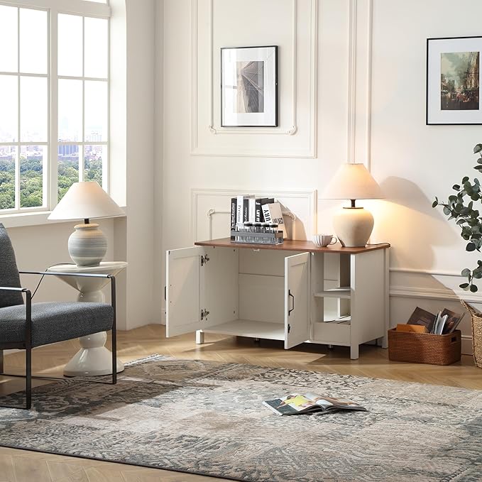 41.3'' Cat Litter Enclosure,Adjustable Shelf for Dog Proof and Storage,Locks Added for Cat, Litter Collector,Small Indoor Cat House,Antique White