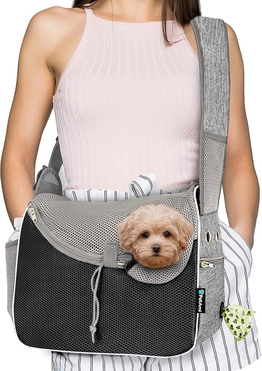 PetAmi Small Dog Sling Carrier, Soft-Sided Crossbody Puppy Carrying Purse Bag, Adjustable Sling Pet Pouch to Wear Medium Dog Cat Travel, Dog Bag for Traveling, Poop Bag Dispenser, Max 10 lbs, Gray
