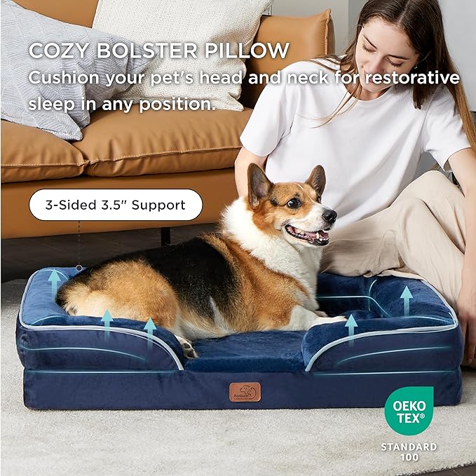 Bedsure Orthopedic Dog Beds Large Sized Dog - Washable Large Dog Cat Bed Waterproof, Comfort Dogs Couch Sofa with Washable Removable Cover, Pet Bed with Nonskid Bottom, Blue Navy, 35"