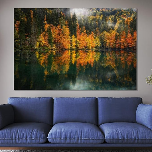 Nature Wall Art Prints - Ocean Forest Mountain Lake Canvas Landscapes - Small to Extra Large Living Room Bedroom Kitchen Bathroom Décor (Autumn by the Lake, 31L" x 47W")