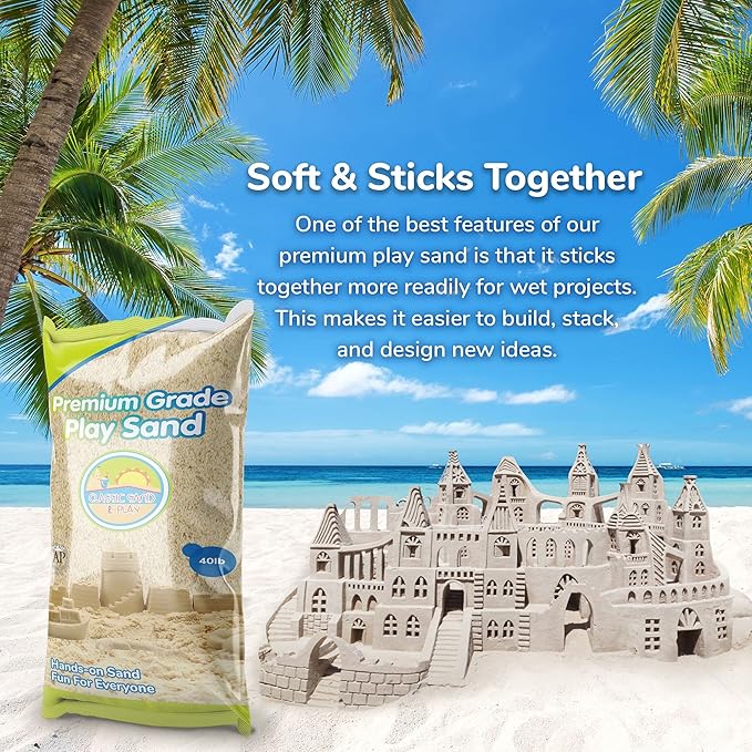 Classic Sand and Play Sand for Sandbox, Table, Therapy, and Outdoor Use, 40 lb. Bag, Natural, Non-Toxic, Wet Castle Building for Creativity and Stimulates Sensory Skills