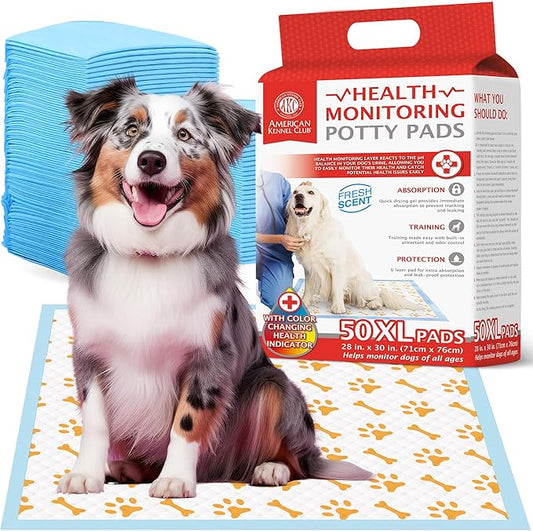 AKC Advanced Puppy Pads with Color-Changing Health+ Indicator and Ultra Absorbent Quick Dry Gel – 28"x30" Leakproof Training Pads for Dogs – Fresh Scented – 50 Count, X-Large
