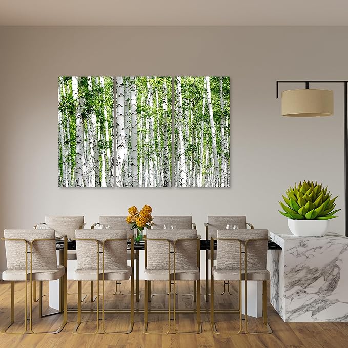Nature Wall Art Prints - Ocean Forest Mountain Lake Canvas Landscapes - Small to Extra Large Living Room Bedroom Kitchen Bathroom Décor (Green Brich Trees, 39L" x 59W" - 3 Panels)