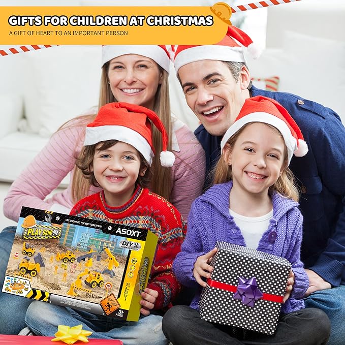 Asoxt 43-Piece Construction Sensory Playset – 2 lbs Play Sand, 4 DIY Trucks, Crane & Road Signs – Creative Sandbox Toy for Kids Ages 3+