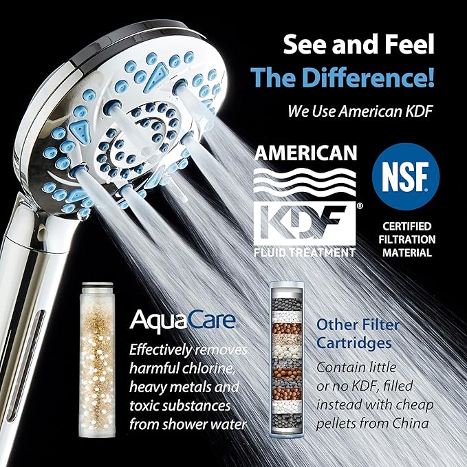 AquaCare High Pressure 10 Spray Mode Filtered Showerhead - Handheld Shower Head Filters Chlorine to Heal Dry Skin, Revive Hair - Dual Power Wash Cleans Tub, Tile, Pets - Hard Water Softener, Chrome