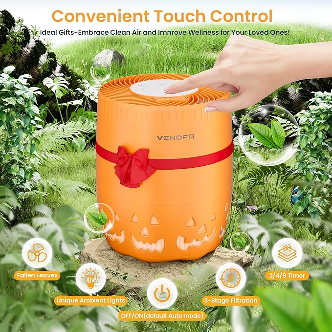 Air Purifiers for Home Bedroom up to 1076ft², True HEPA Air Filters Dust Pets Smoke Hair, 3 Fan Speeds Quiet, Timer Settings, Rechargeable Air Cleaner Office, Bedroom, Pets, Car(Orange)