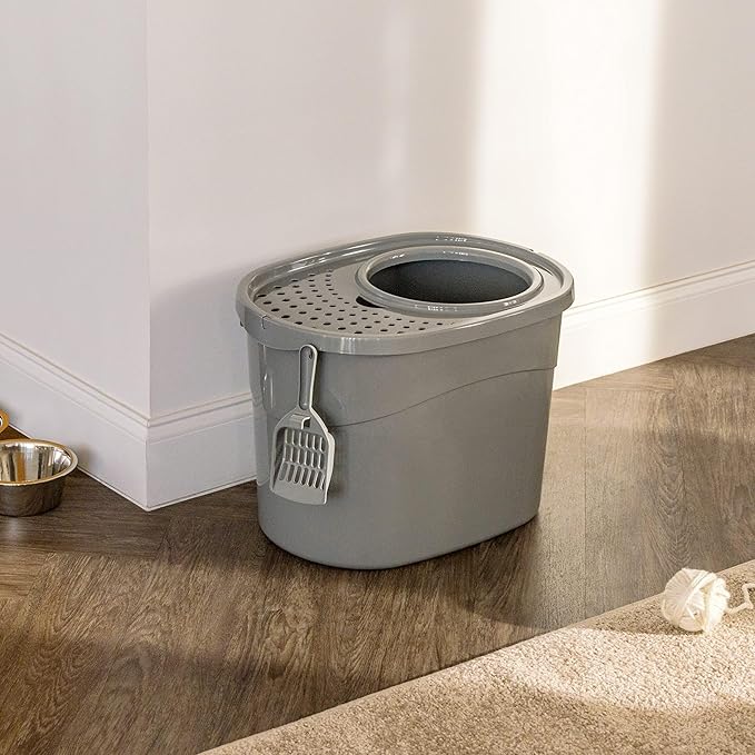 Amazon Basics Large Cat Litter Box with High Sides, Top Entry, Includes Scoop, 20.5 x 14.75 x 14.38 inches, Grey
