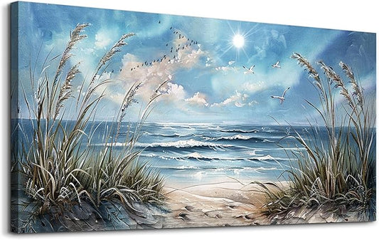 hyidecorart Large Wall Art For Living Room Wall Decor For Bedroom Sunshine Ocean Scenery Painting Blue Sea Waves Wall Pictures Office Modern Canvas Prints Artwork Aesthetic Home Decoration 48"X 24"