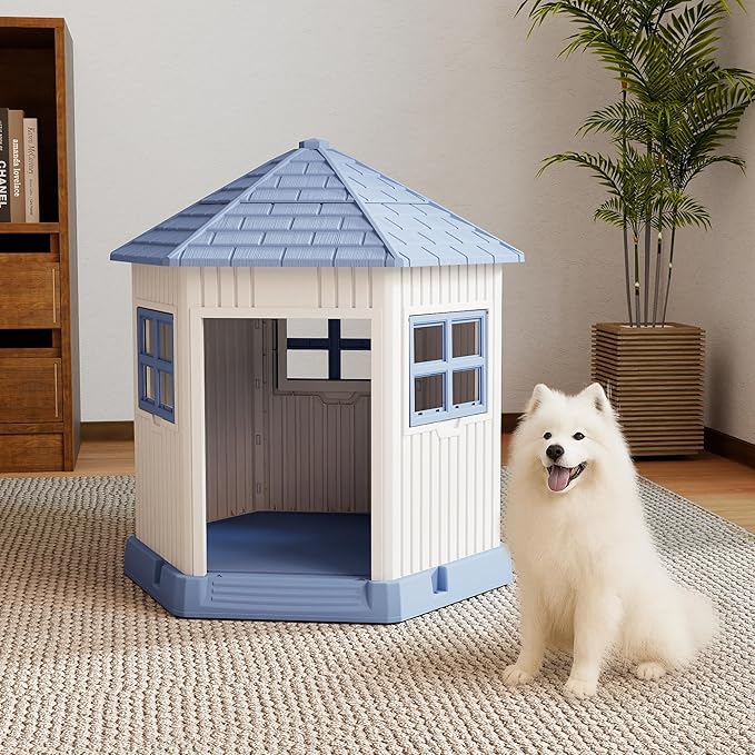 DRATO Dog House Indoor Outdoor Durable Large Dog Shelter with Outside Dog Kennel with Window and Elevated Floor for Small Medium Dogs (Blue, 34.8 * 30.51 * 36.89)