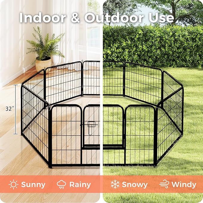 32 Inch Dog Playpen - 8 Panels Metal Pet Exercise Pen for Small-Medium Dogs, Indoor/Outdoor Dog Fence for Yard, Garden, Camping & RV Travel