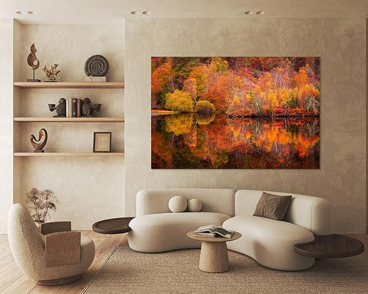 Nature Wall Art Prints - Ocean Forest Mountain Lake Canvas Landscapes - Small to Extra Large Living Room Bedroom Kitchen Bathroom Décor (Autumn Forest with Lake, 31L" x 47W")