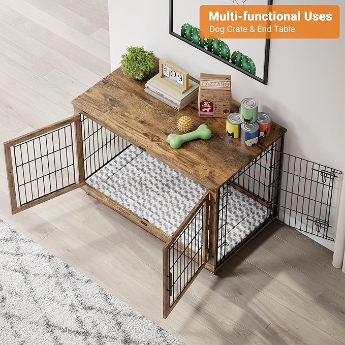 Lulive Dog Crate Furniture, XL Wooden Dog Kennel Indoor Double Doors Dog Cage, 44'' Heavy Duty Dog Crate with Cushion & Wheels, Decorative End Table Pet House Chew-Resistant for Large Dogs, Brown